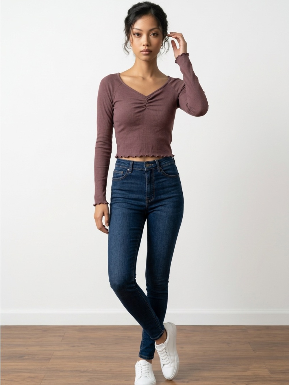 Charlotte Russe Mauve Long-Sleeve Cropped Top